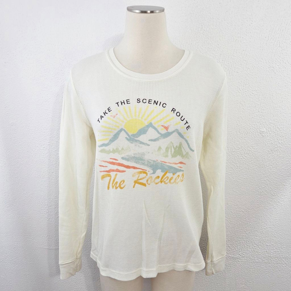 Back When x Anthropologie Thermal Rockies Graphic Top ivory tee women's medium M - Picture 3 of 6